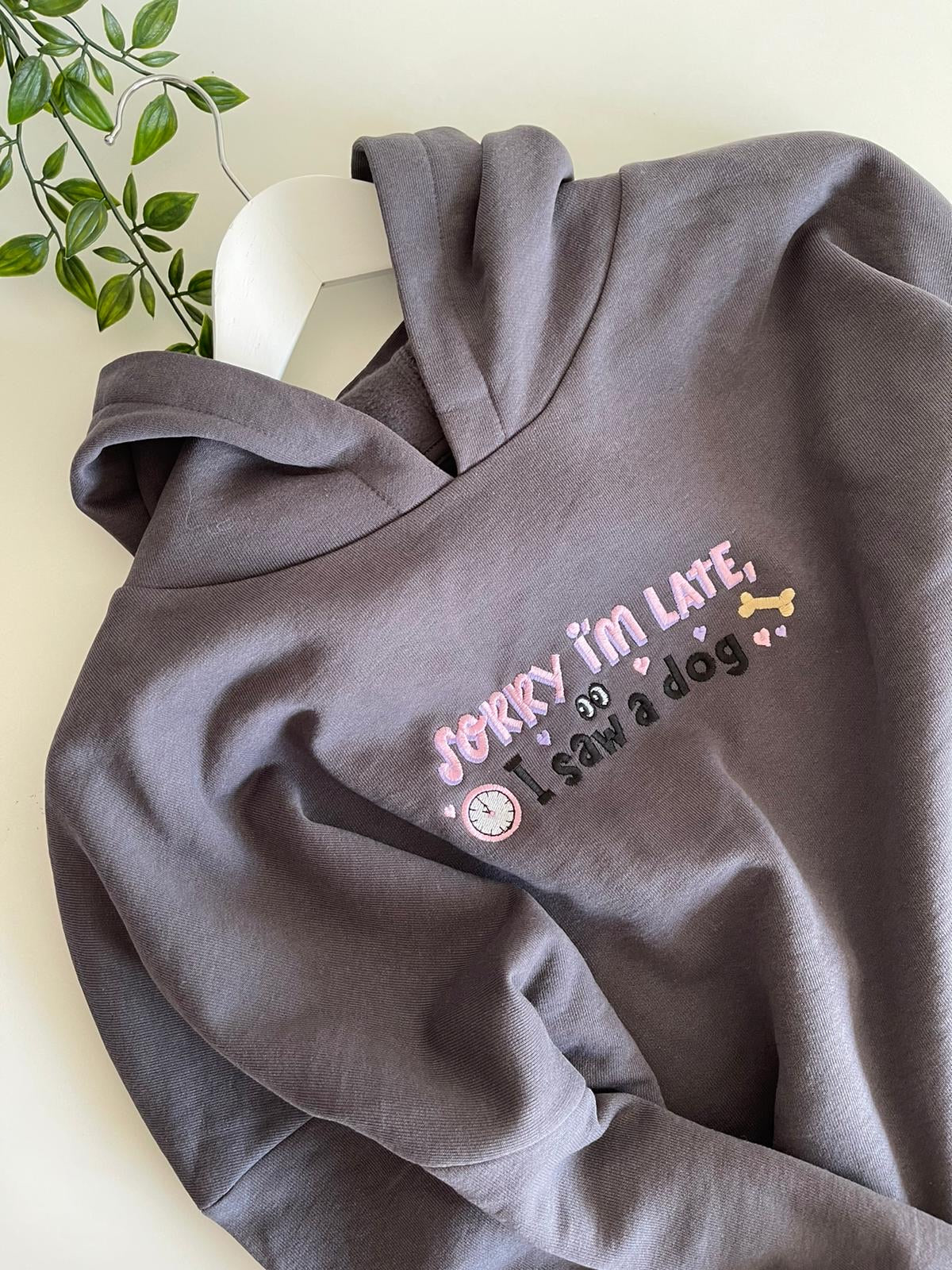 Embroidered Sorry I'm Late I Saw A Dog Cropped Oversized Hoodie