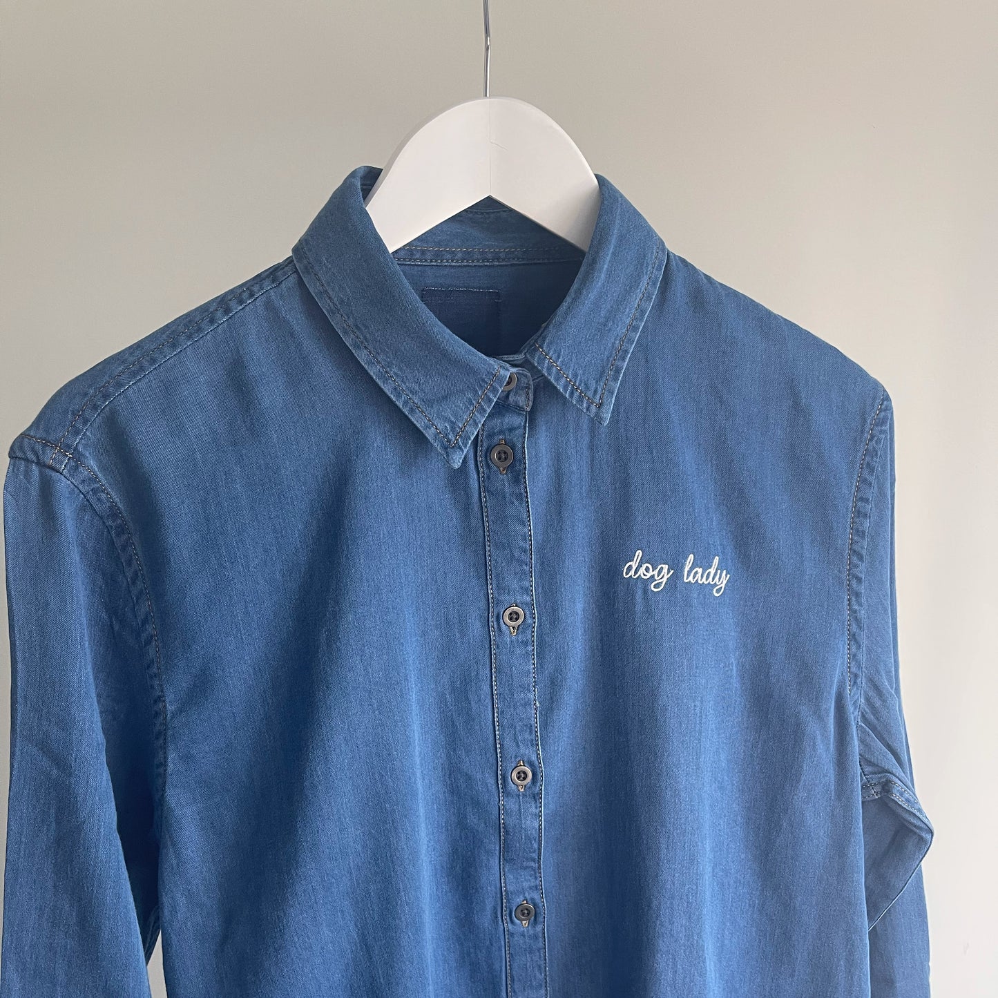 Embroidered Dog Lady Denim Shirt