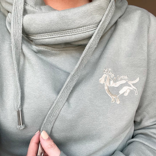 Embroidered Olive n Grey Cream Doggie Cross Neck Hoodie