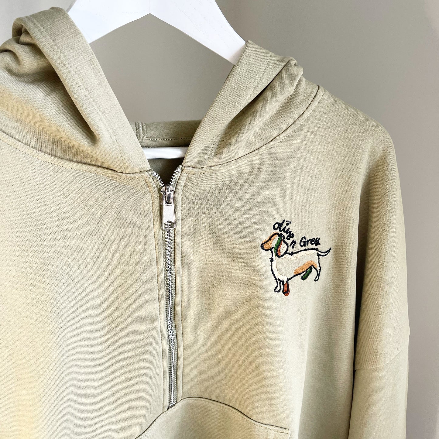 Embroidered Olive n Grey 1/4 Zip Cropped Hoodie