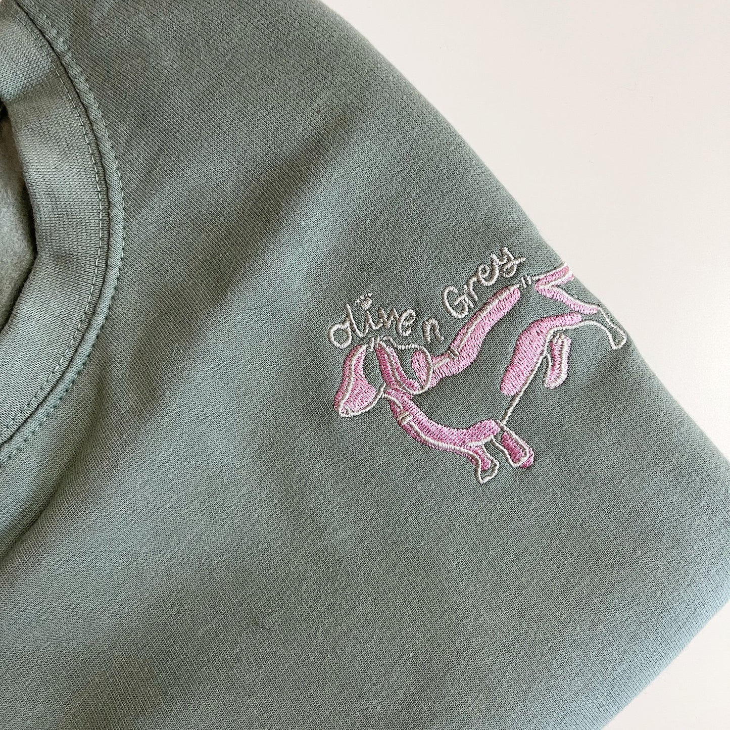 Embroidered Olive n Grey Pink Doggie Sweatshirt