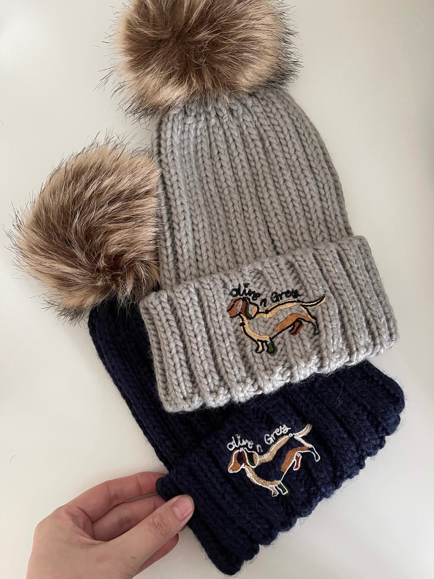 Embroidered Olive n Grey Pom Pom Chunky Beanie