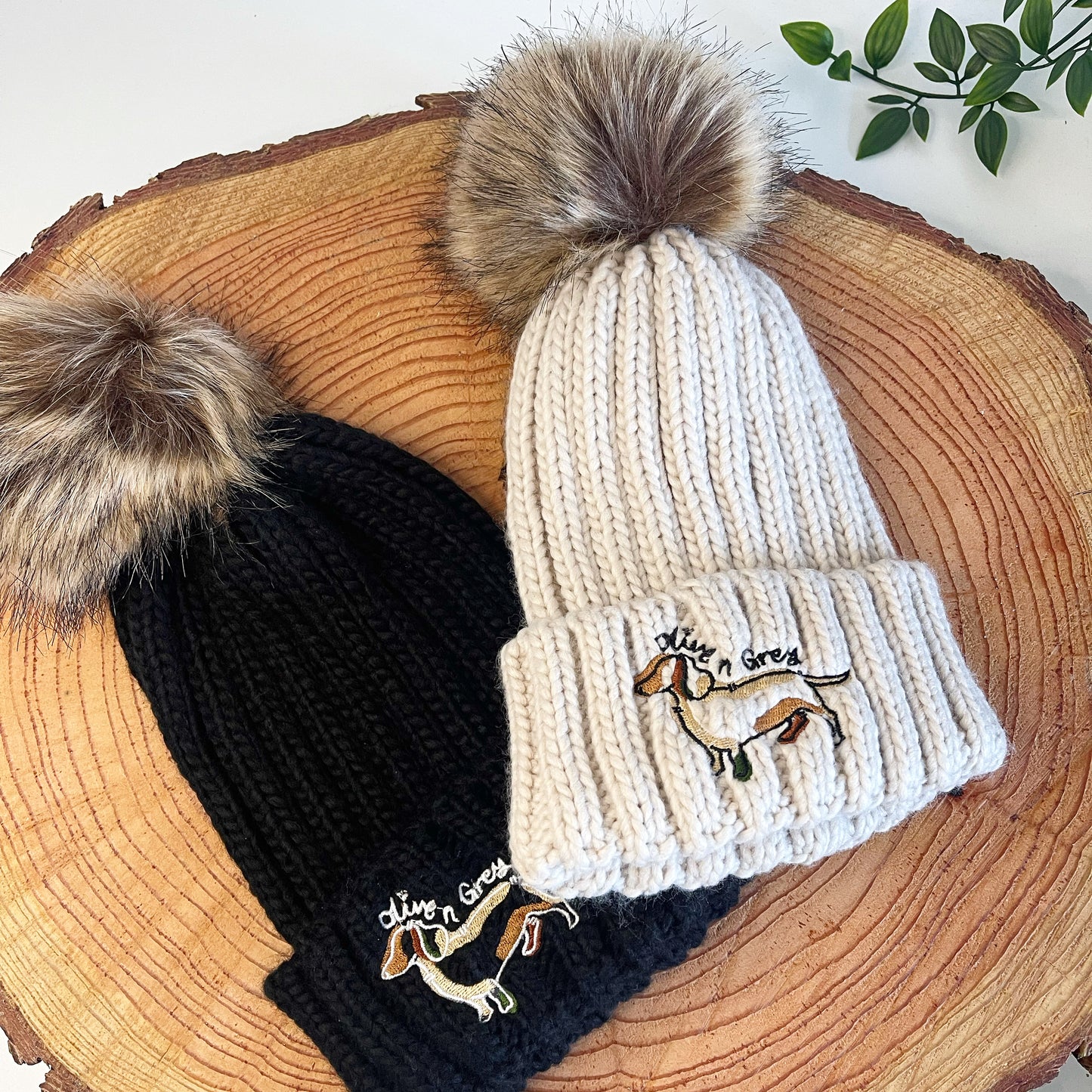 Embroidered Olive n Grey Pom Pom Chunky Beanie