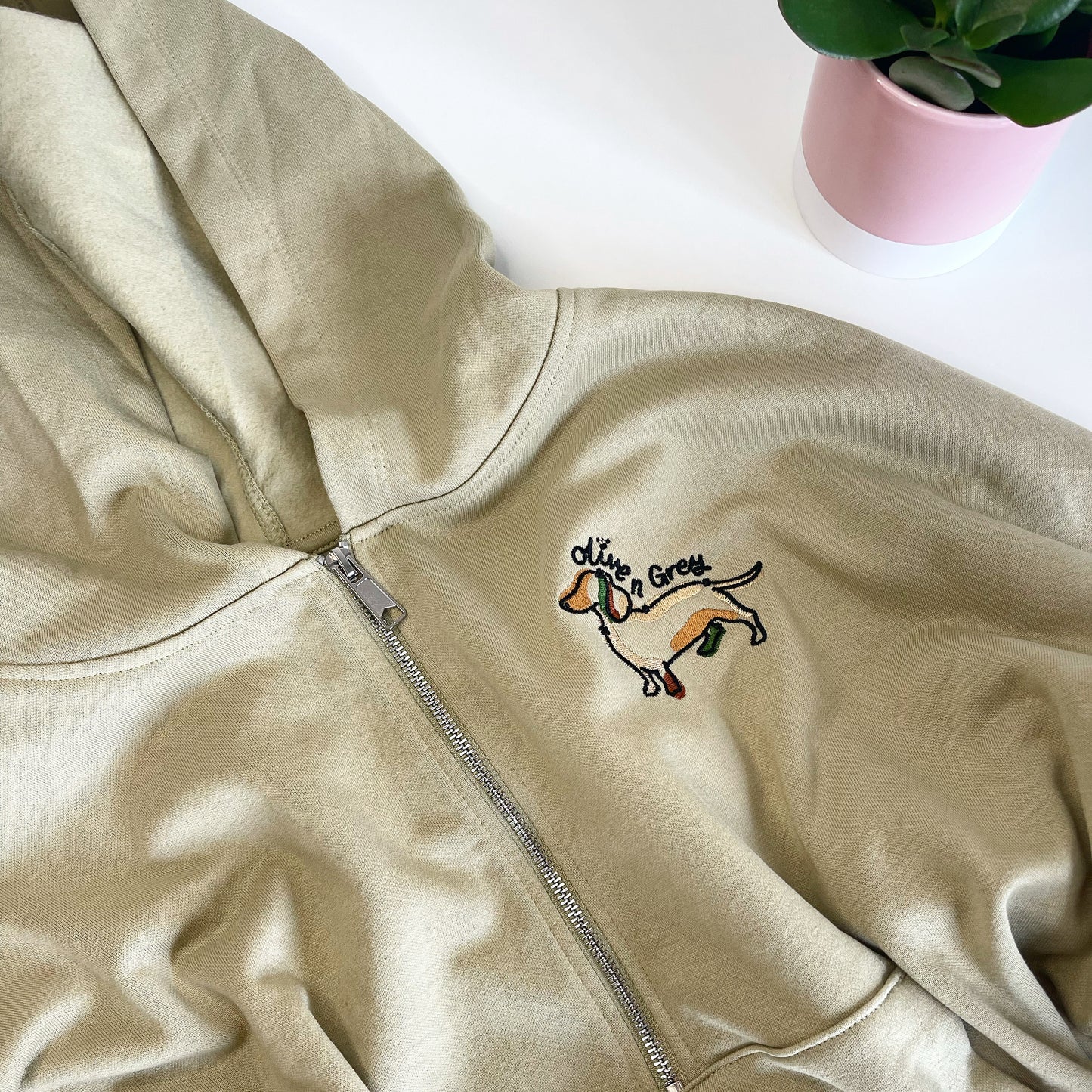 Embroidered Olive n Grey 1/4 Zip Cropped Hoodie