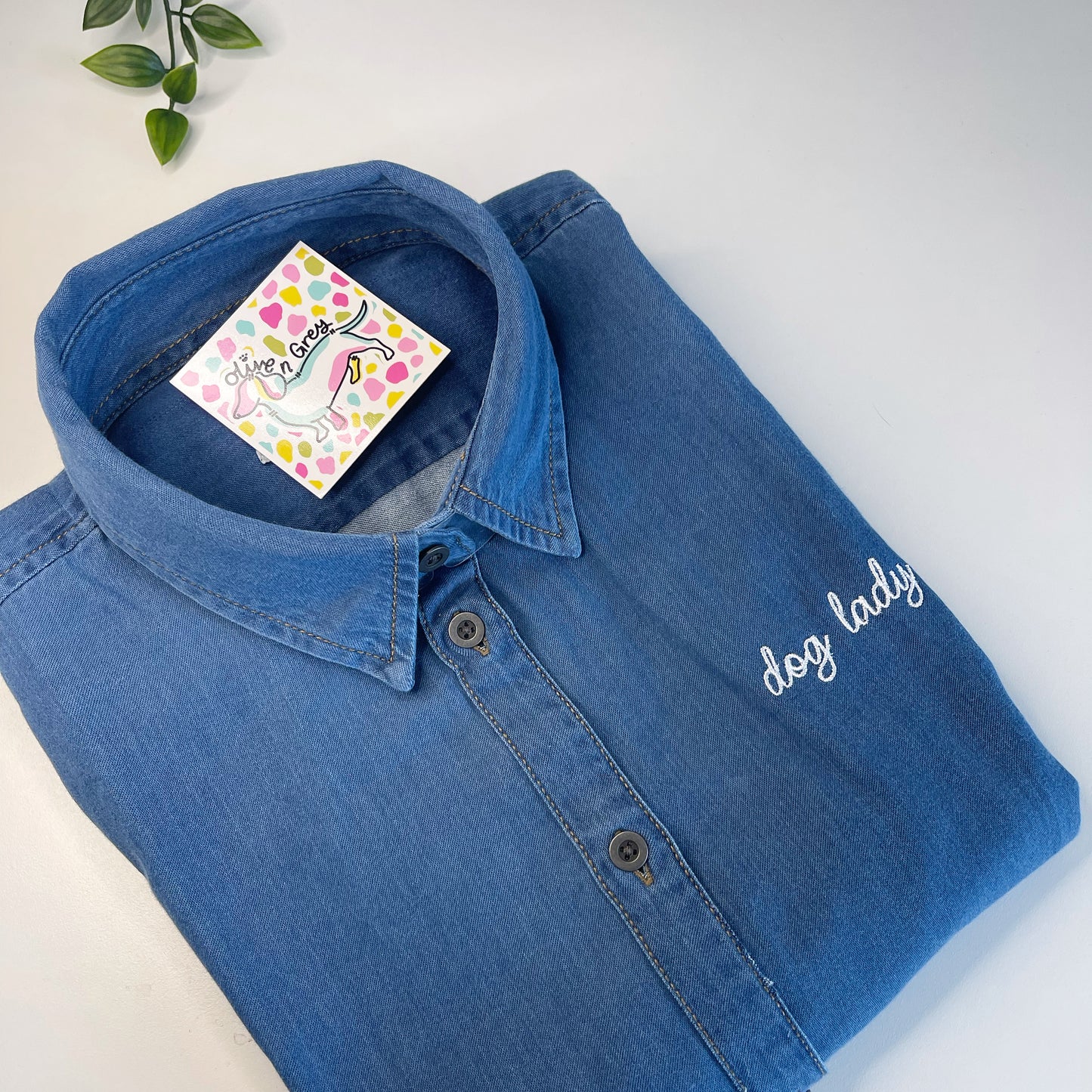 Embroidered Dog Lady Denim Shirt