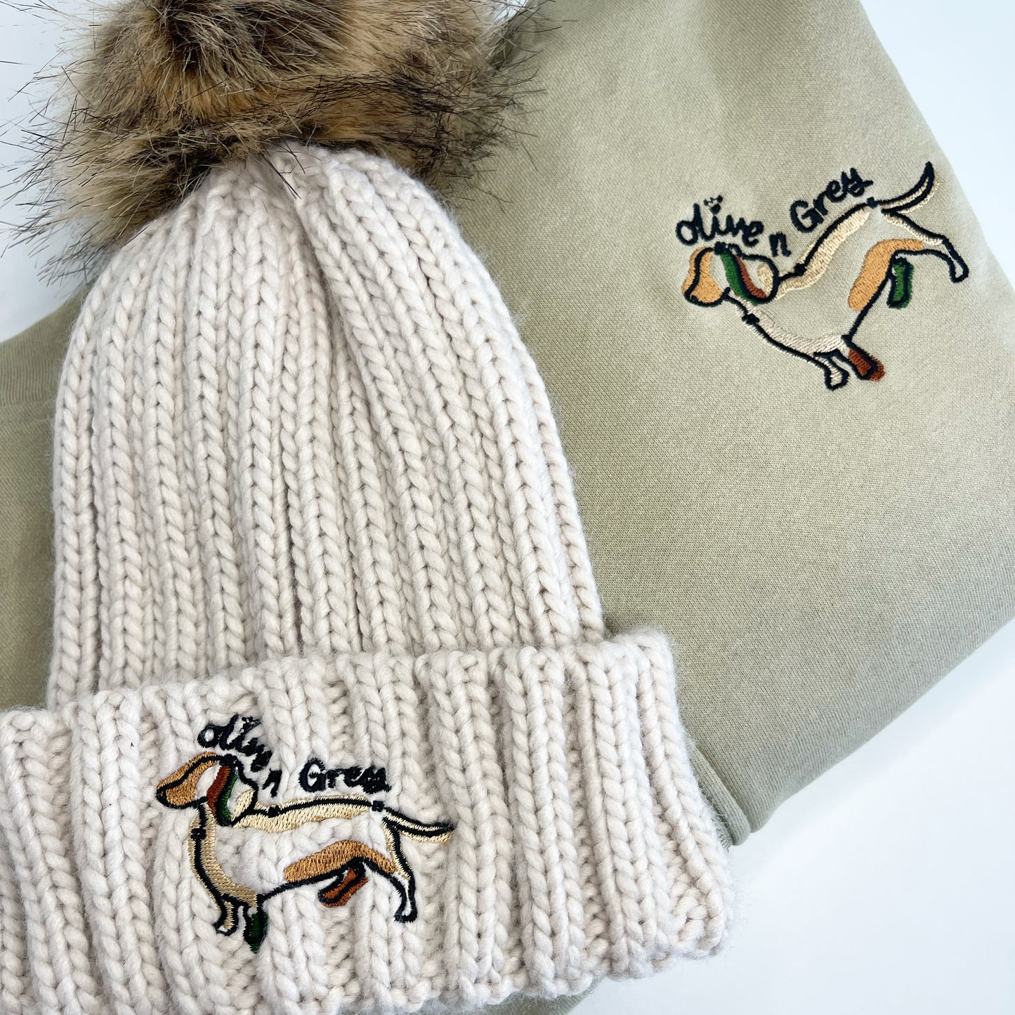 Embroidered Olive n Grey Pom Pom Chunky Beanie