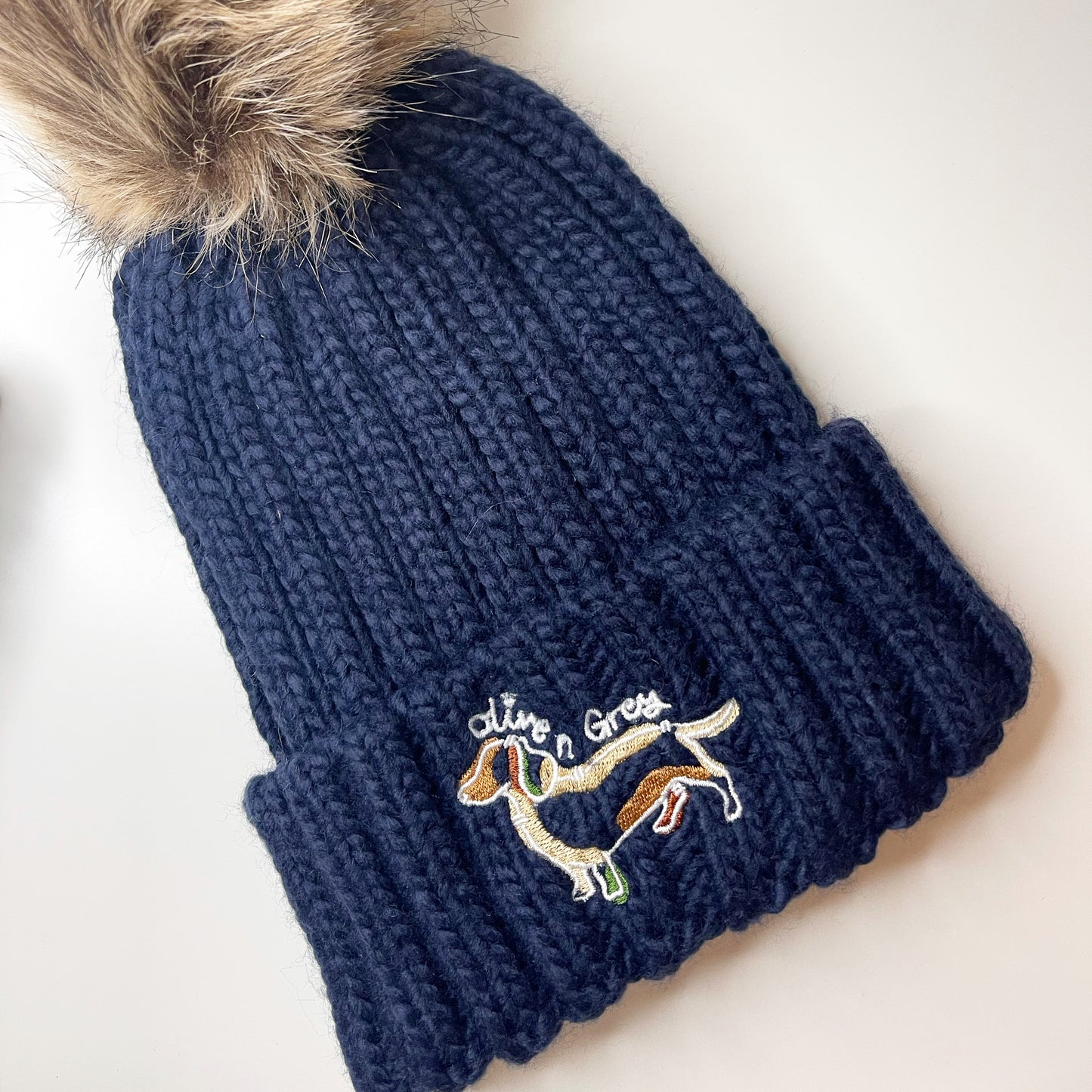 Embroidered Olive n Grey Pom Pom Chunky Beanie