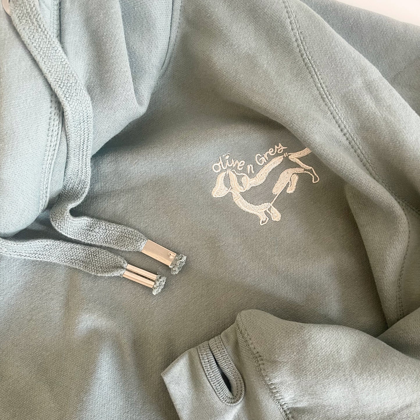 Embroidered Olive n Grey Cream Doggie Cross Neck Hoodie