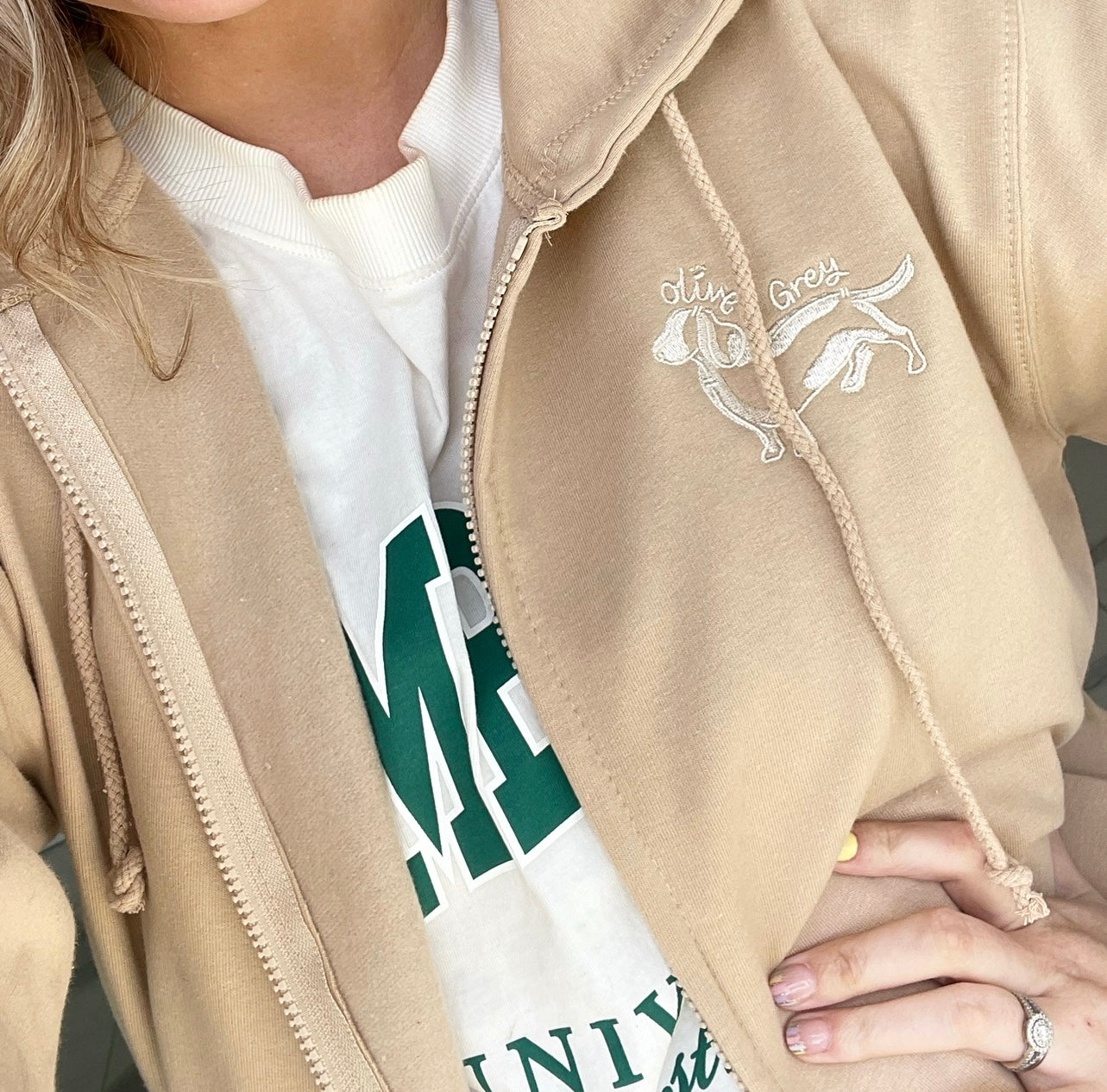 Embroidered Olive n Grey Zipped Hoodie