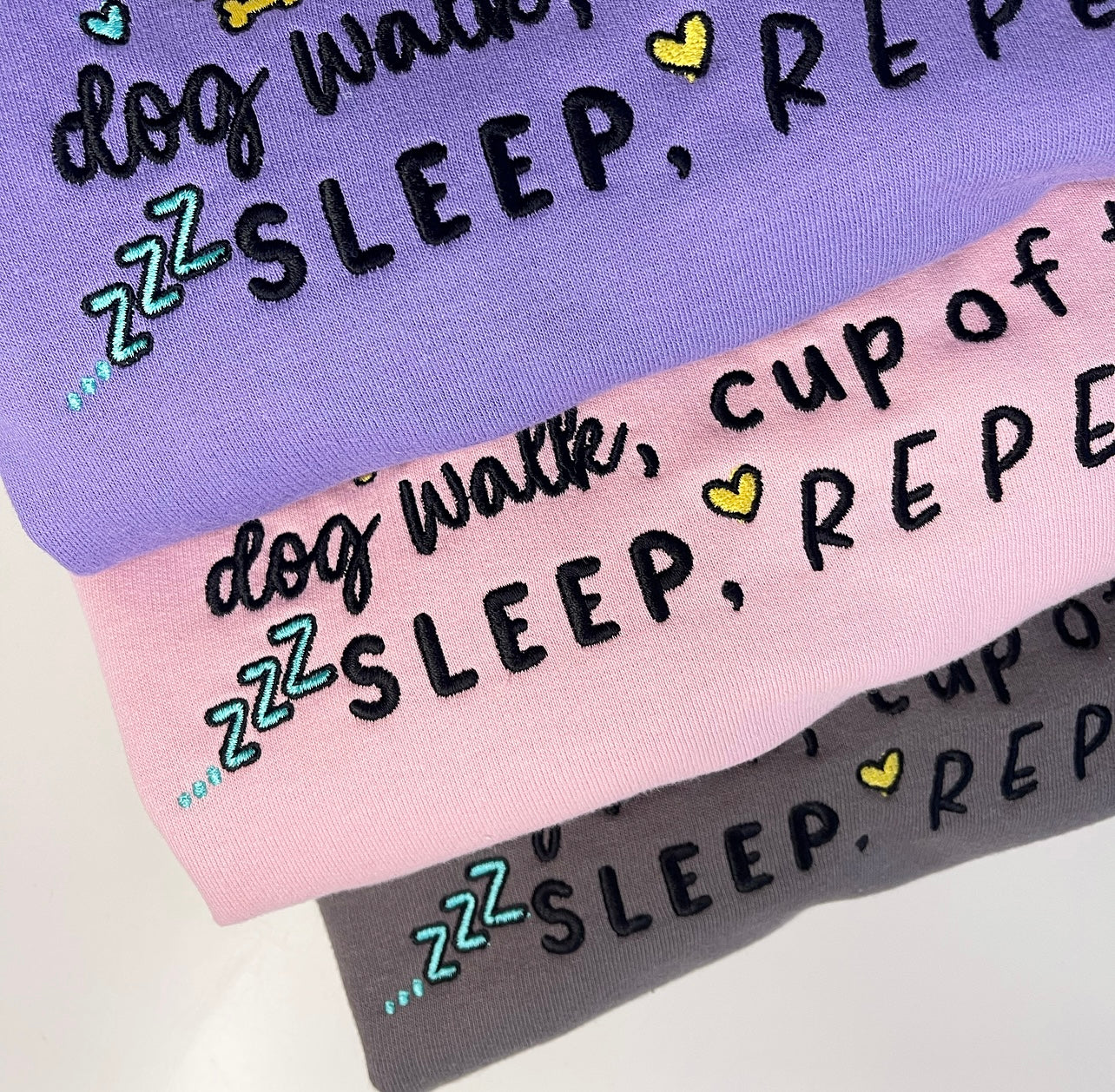 Embroidered Dog Walk Cup of Tea Sweatshirt
