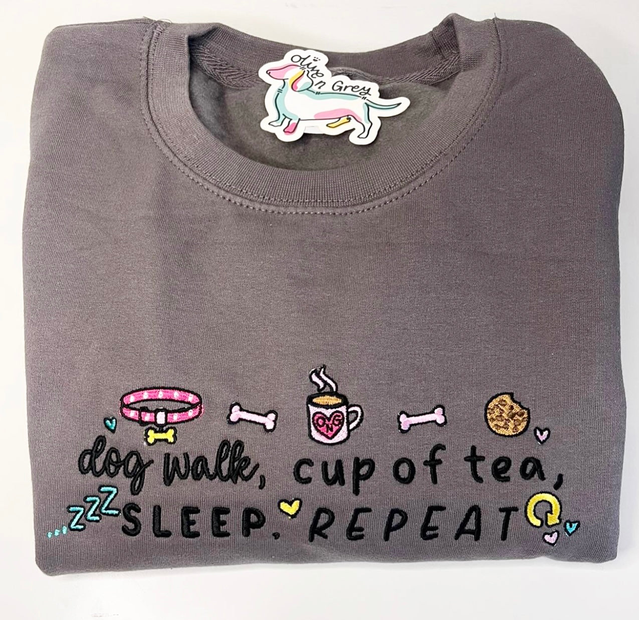 Embroidered Dog Walk Cup of Tea Sweatshirt