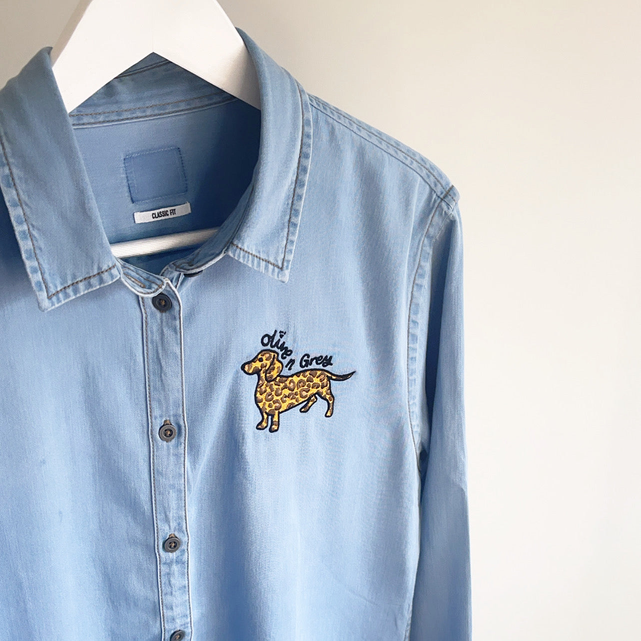 Embroidered Olive n Grey Leopard Denim Shirt