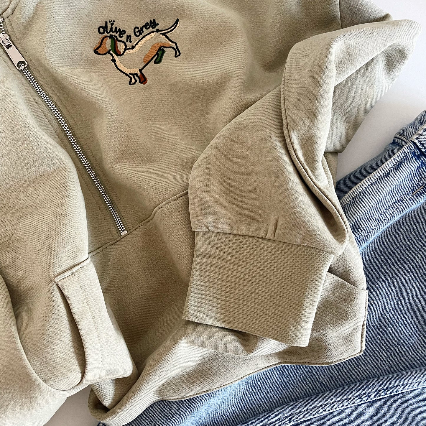 Embroidered Olive n Grey 1/4 Zip Cropped Hoodie