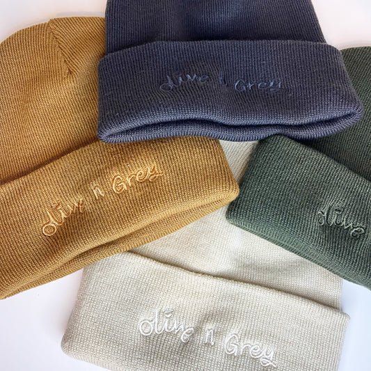 Olive n Grey Embroidered Beanie