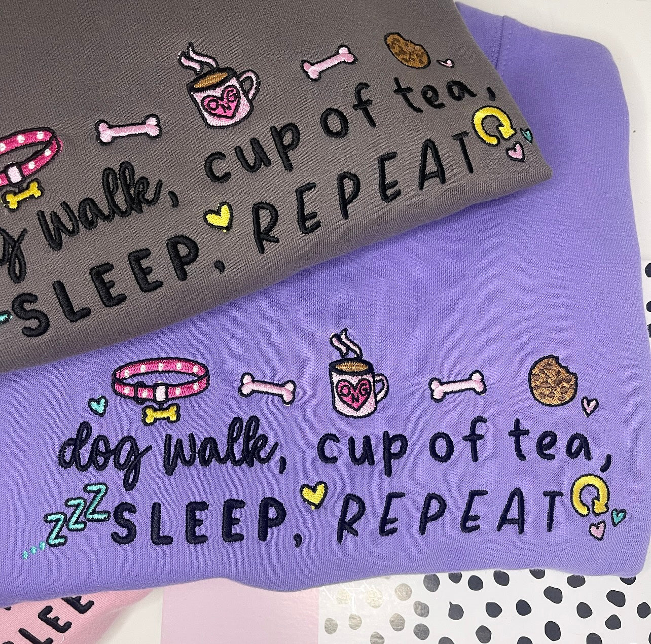 Embroidered Dog Walk Cup of Tea Sweatshirt