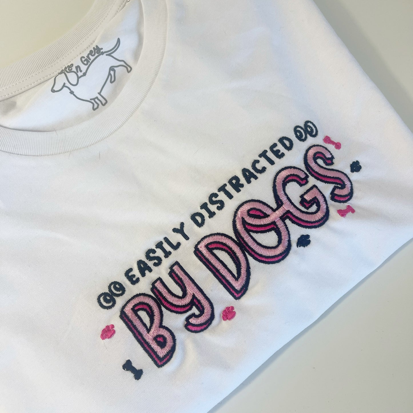 Embroidered Easily Distracted by Dogs T-Shirt