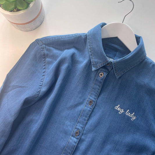 Embroidered Dog Lady Denim Shirt
