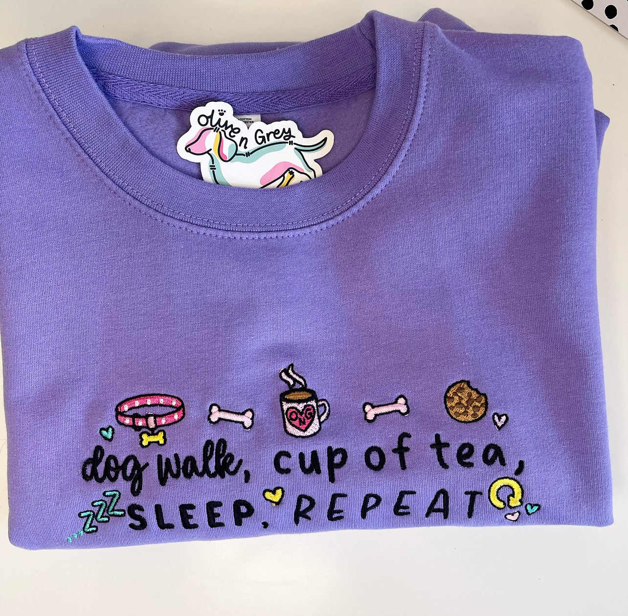 Embroidered Dog Walk Cup of Tea Sweatshirt