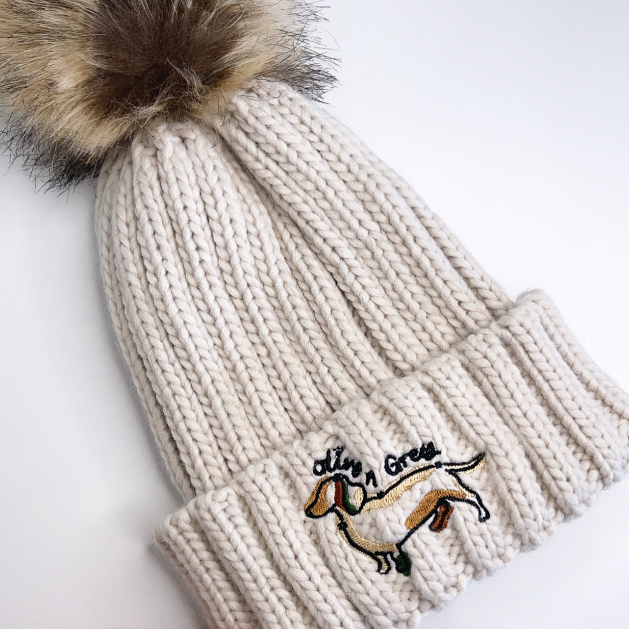 Embroidered Olive n Grey Pom Pom Chunky Beanie
