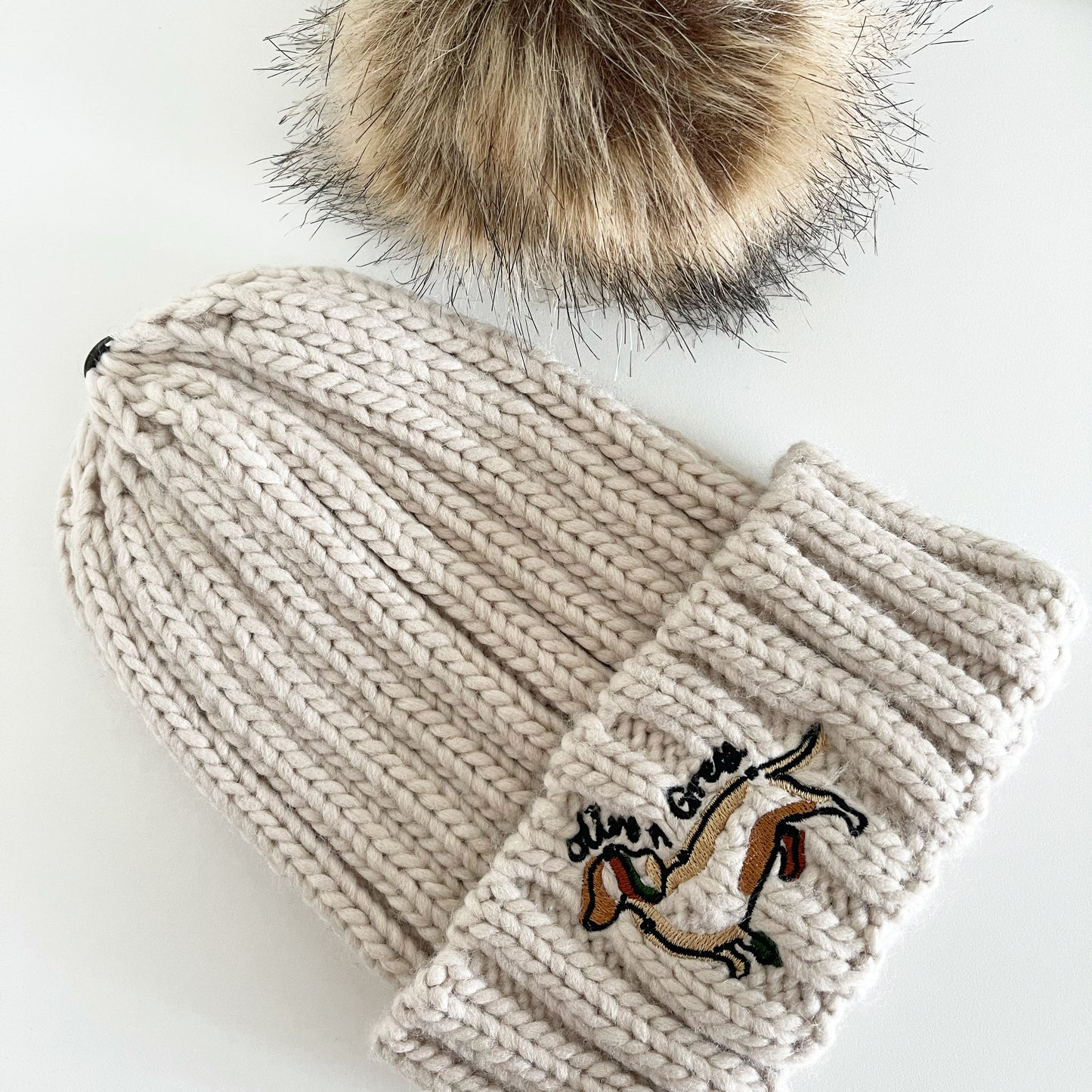 Embroidered Olive n Grey Pom Pom Chunky Beanie