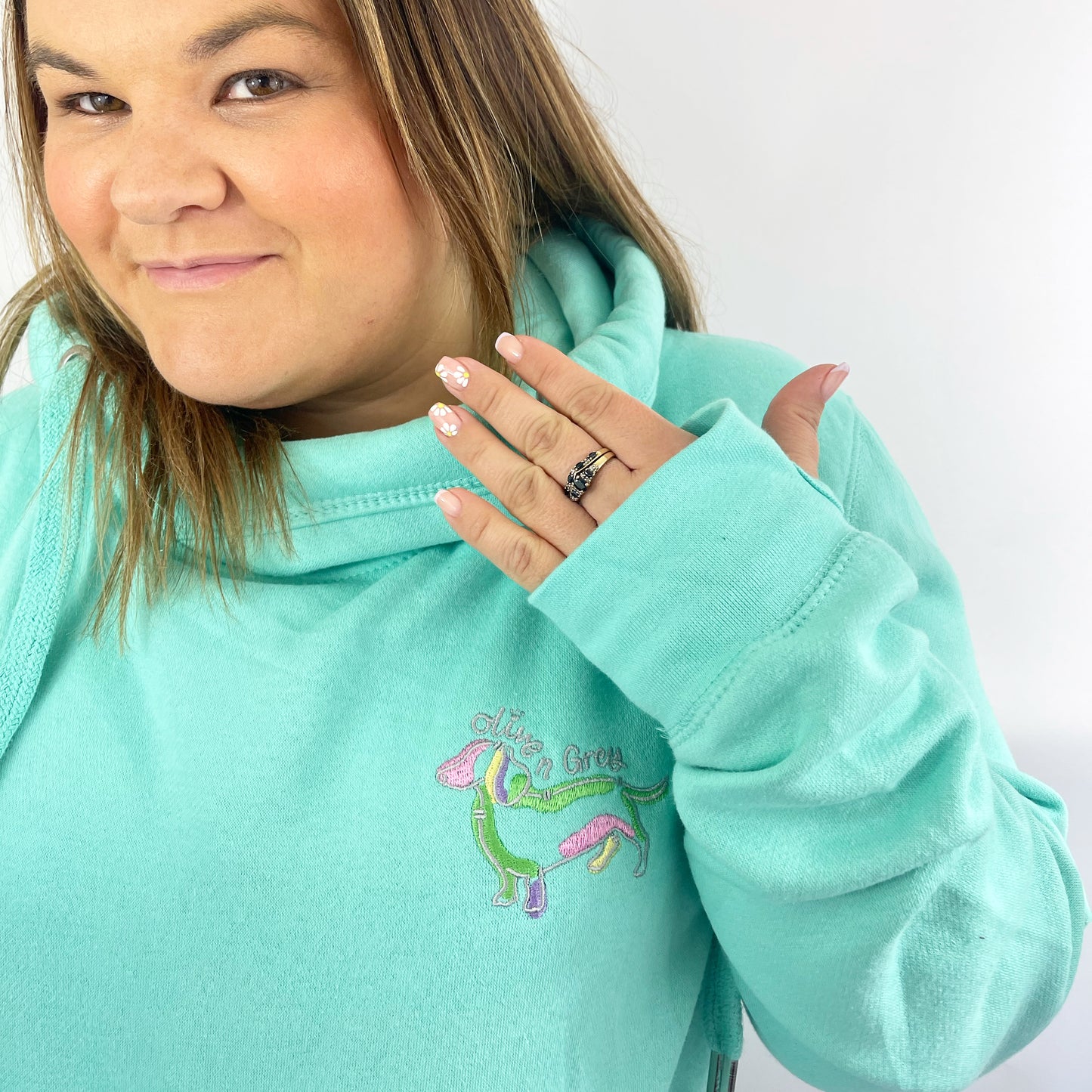 Embroidered Olive n Grey Pastel Doggie Cross Neck Hoodie