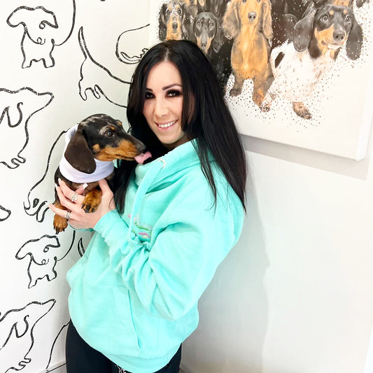 Embroidered Olive n Grey Pastel Doggie Cross Neck Hoodie