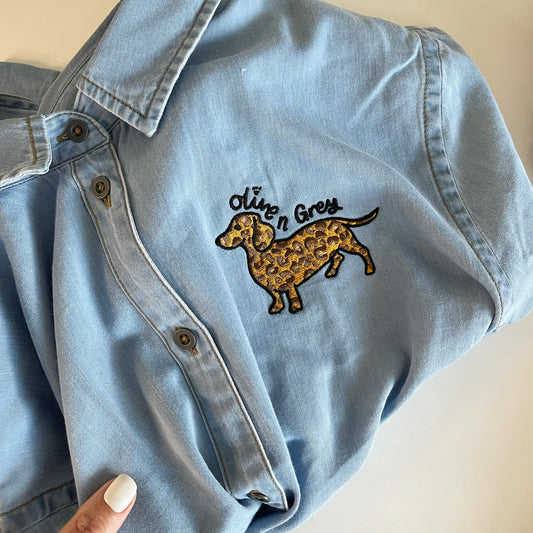 Embroidered Olive n Grey Leopard Denim Shirt