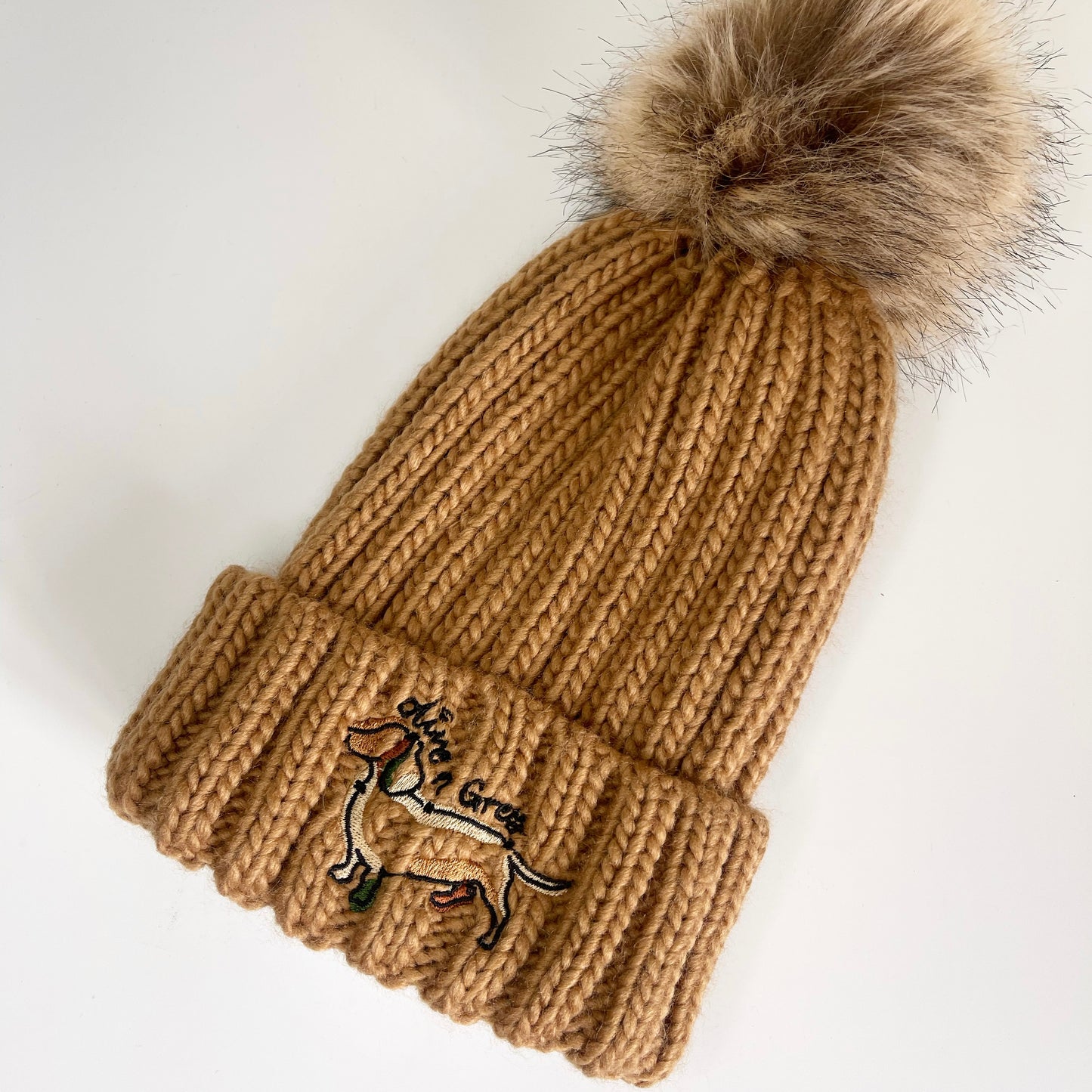 Embroidered Olive n Grey Pom Pom Chunky Beanie