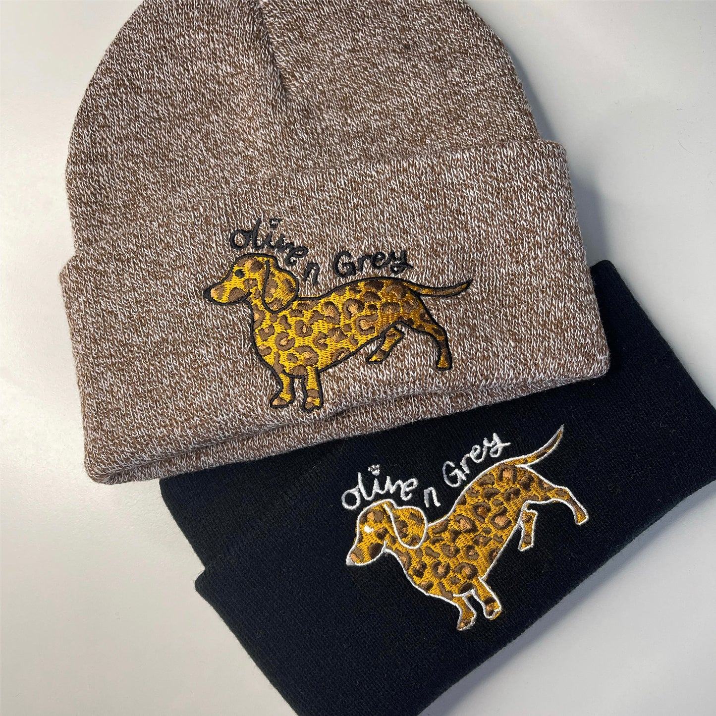 Embroidered Olive n Grey Leopard Beanie