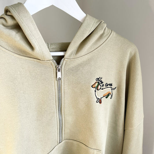Embroidered Olive n Grey 1/4 Zip Cropped Hoodie