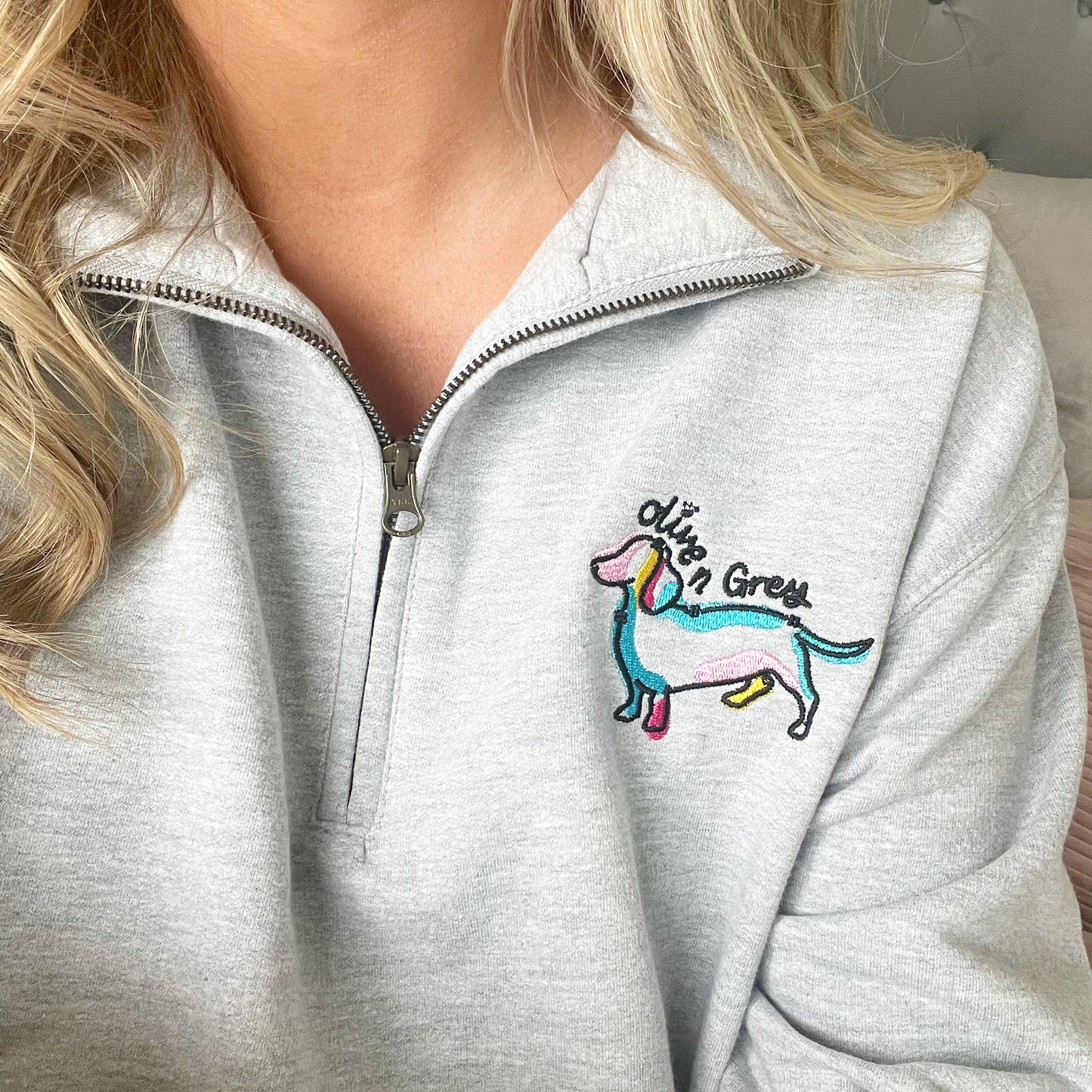 Embroidered Olive n Grey 1/4 Zip Sweatshirt