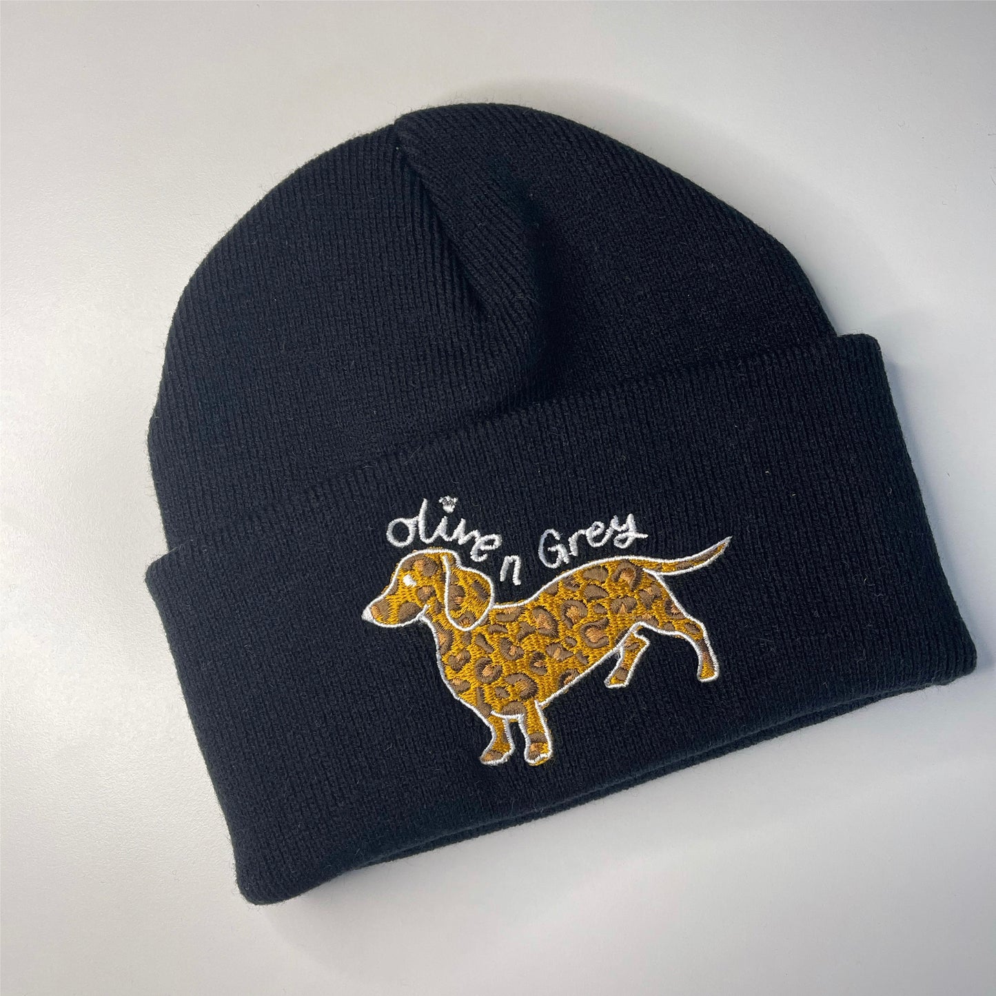Embroidered Olive n Grey Leopard Beanie