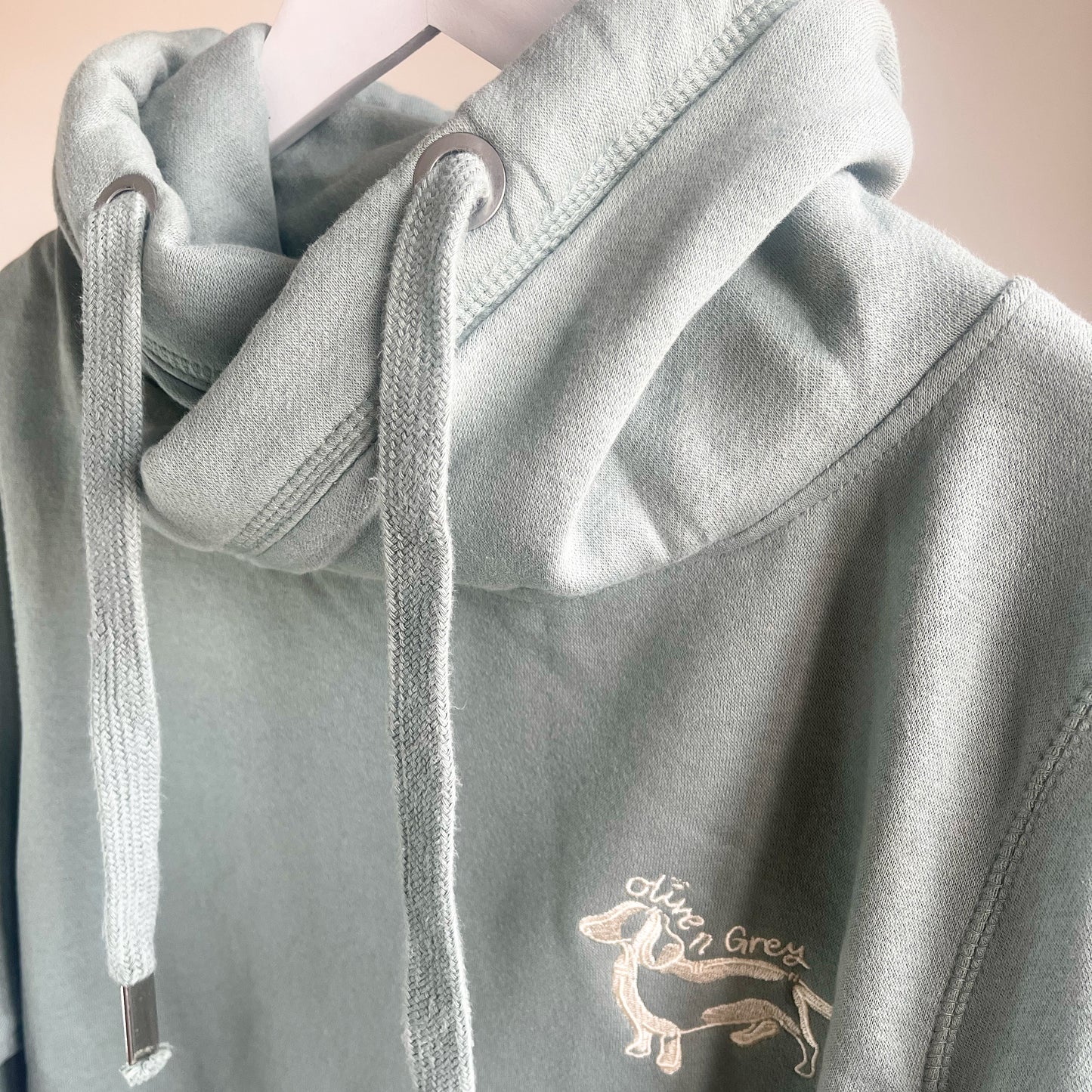 Embroidered Olive n Grey Cream Doggie Cross Neck Hoodie