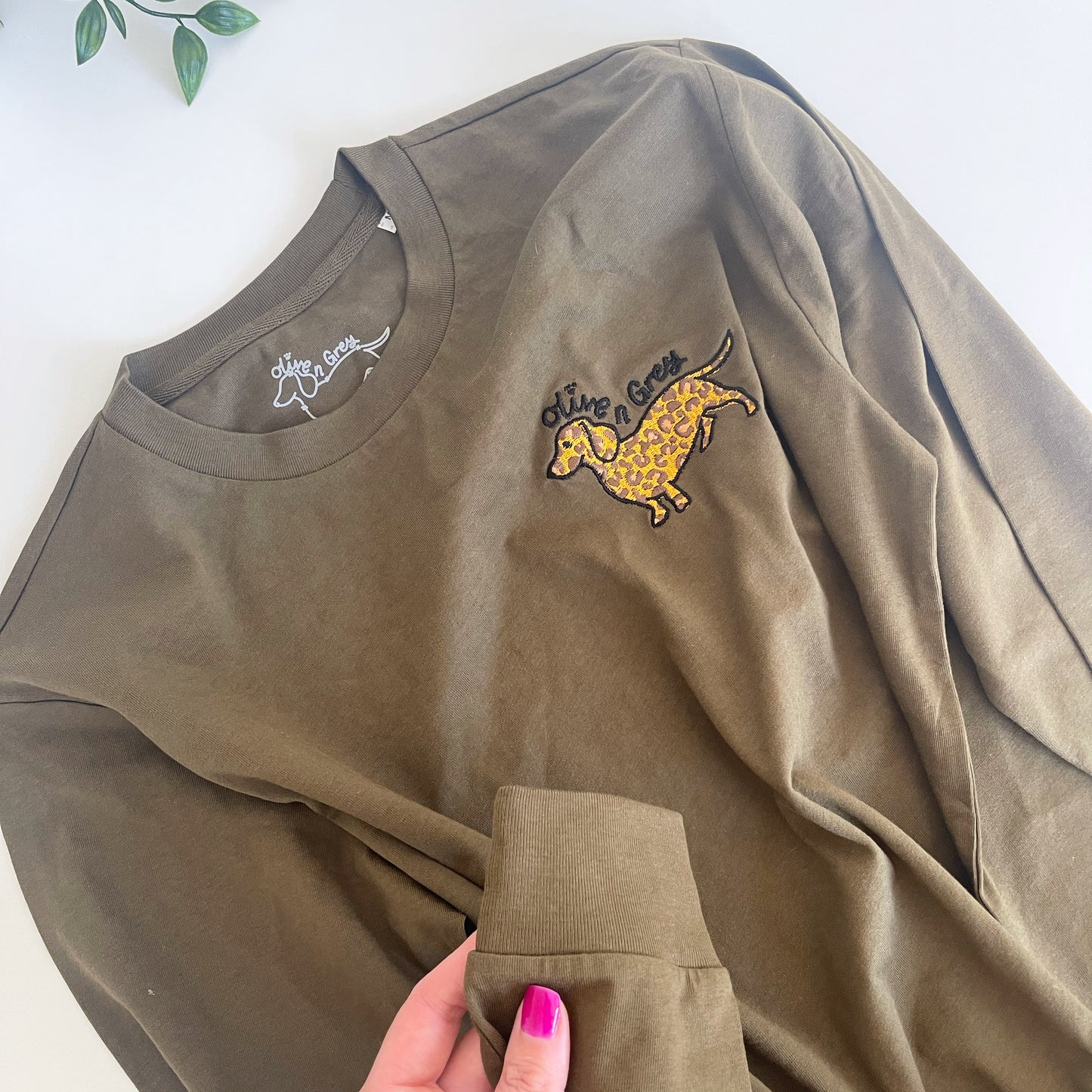 Embroidered Olive n Grey Leopard Long Sleeve T-Shirt
