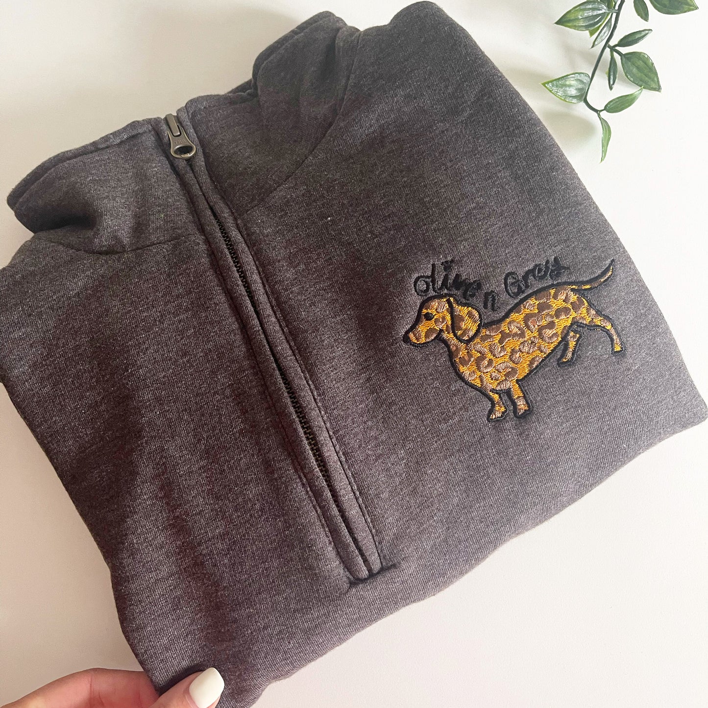 Embroidered Olive n Grey Leopard 1/4 Zip Sweatshirt