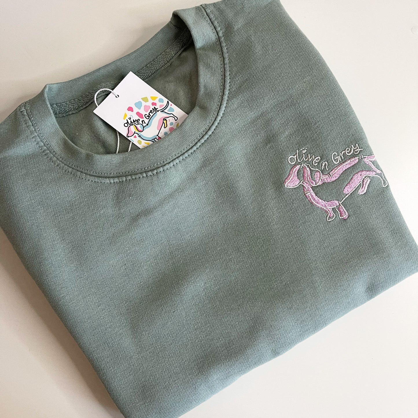 Embroidered Olive n Grey Pink Doggie Sweatshirt