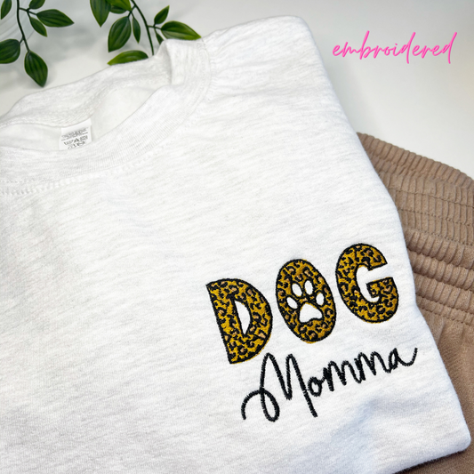 Embroidered Dog Momma Leopard Sweatshirt, Ash Grey - Medium