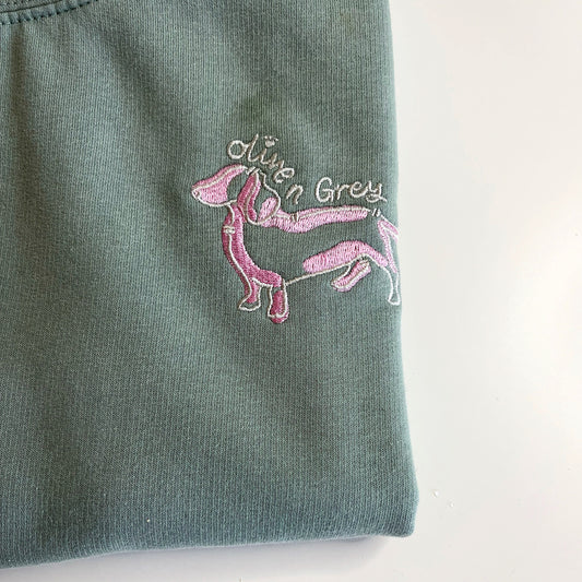 Embroidered Olive n Grey Pink Doggie Sweatshirt