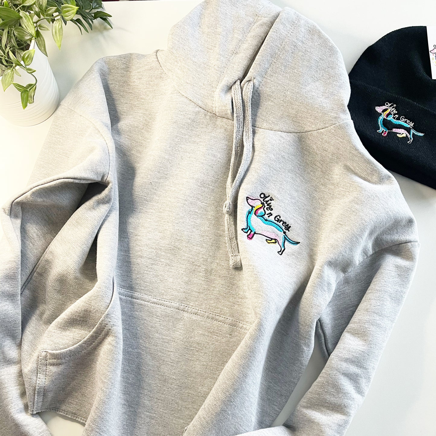 Embroidered Olive n Grey Cropped Hoodie