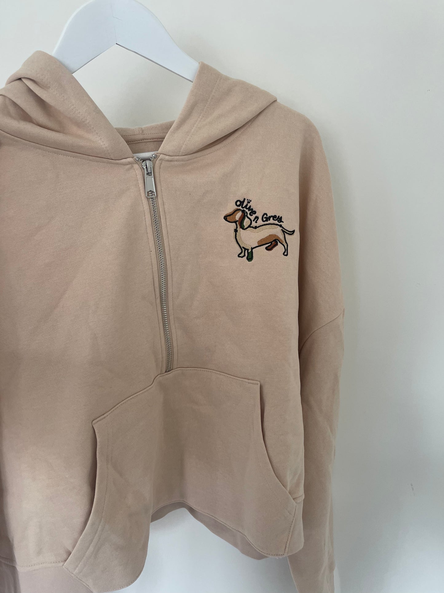 Olive n Grey Autumn Doggie - Cropped Oversized Hoodie - Nude L/XL