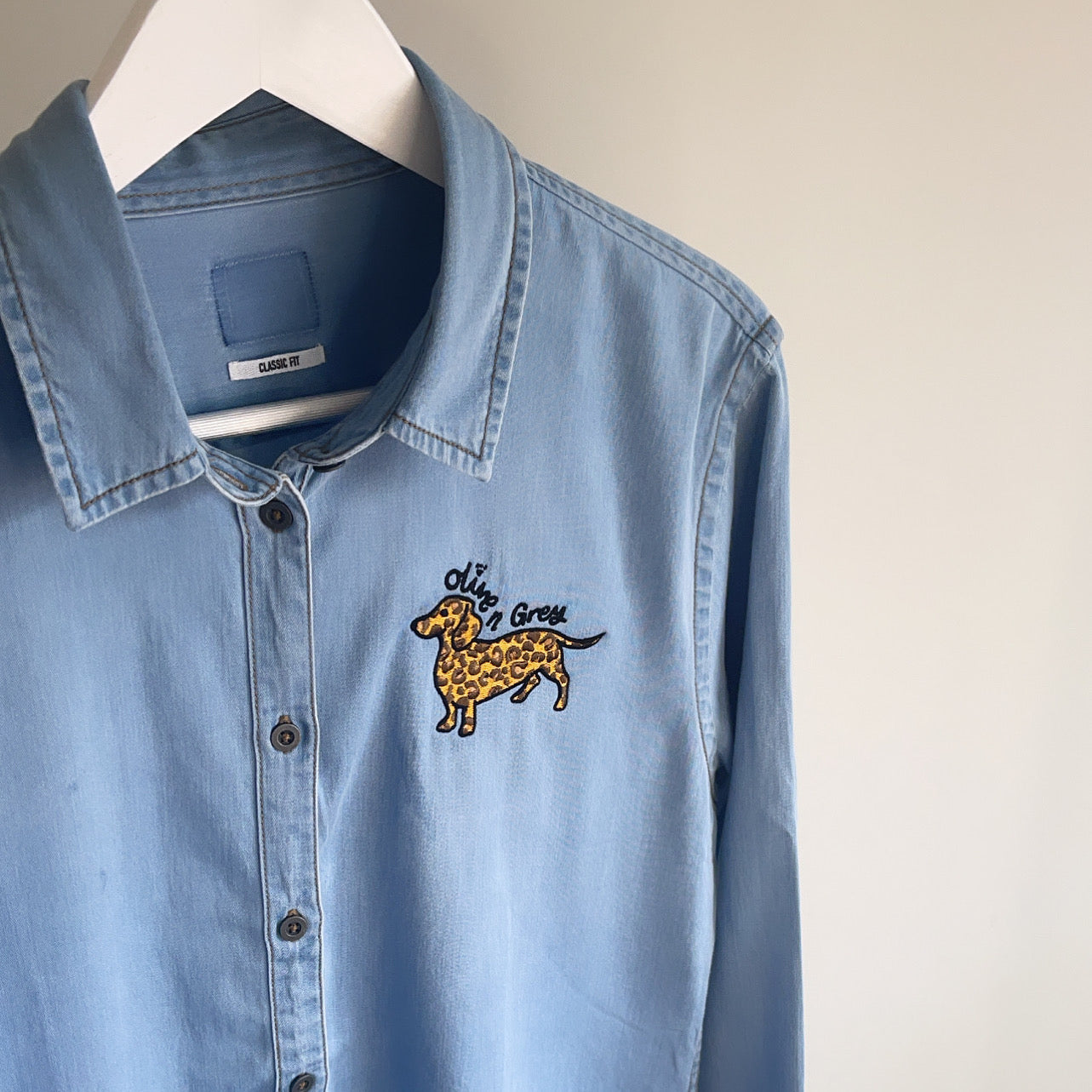 Embroidered Olive n Grey Leopard Denim Shirt