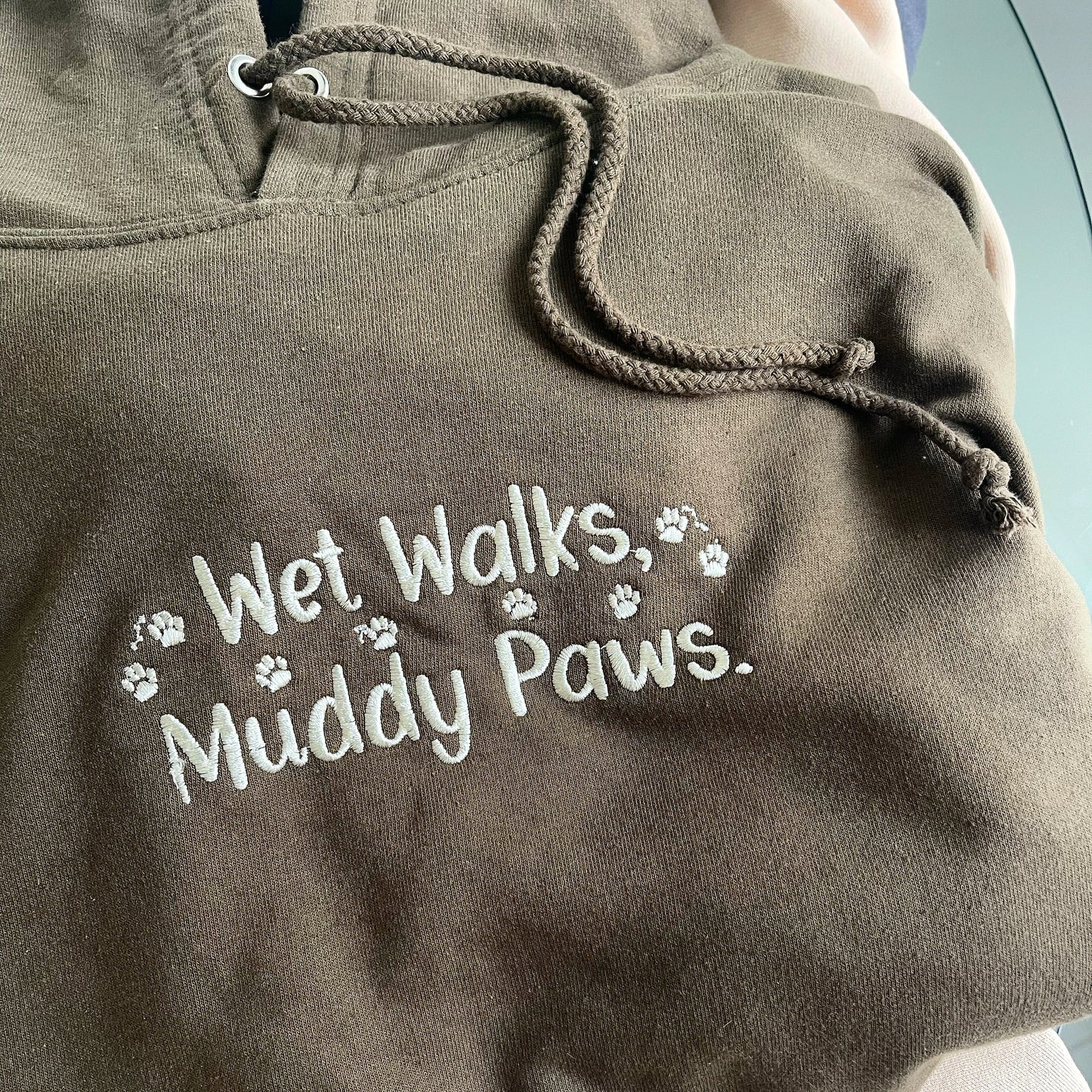 Embroidered Wet Walks Muddy Paws Hoodie - Khaki, Large