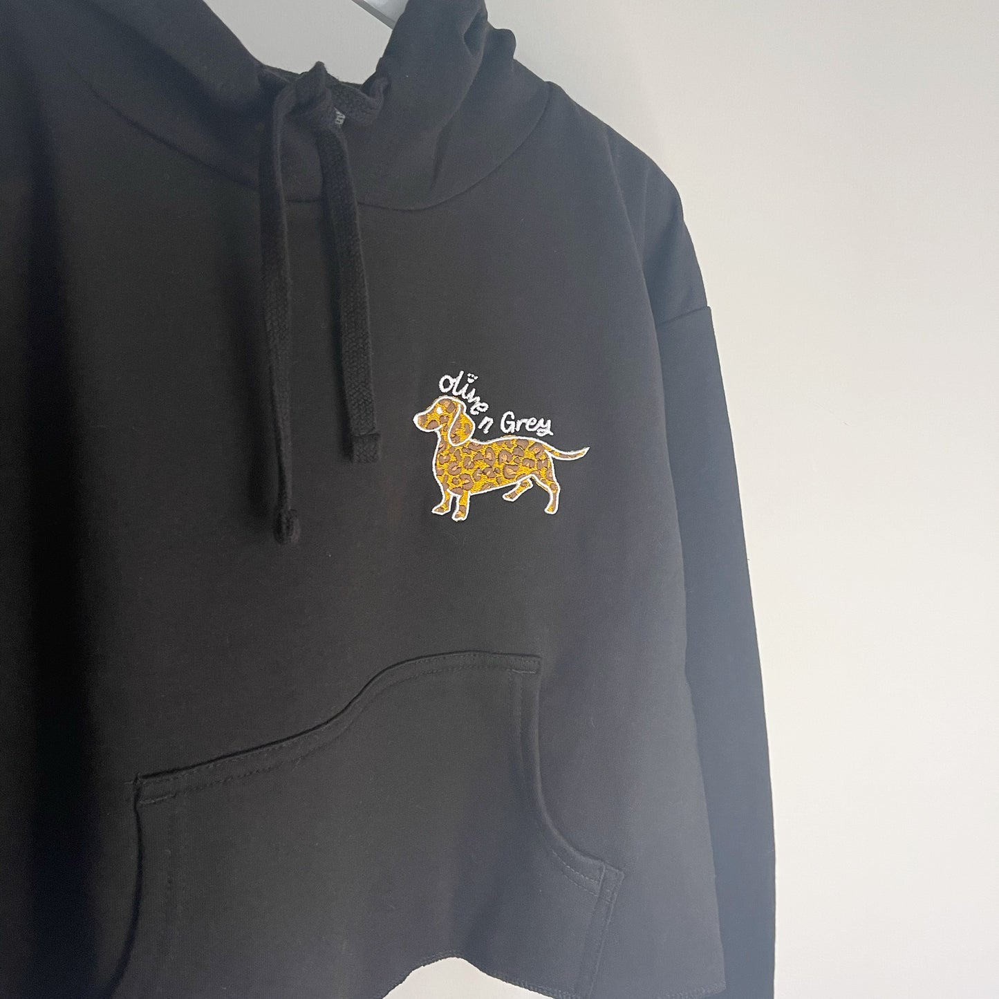 Embroidered Olive n Grey Leopard Cropped Hoodie