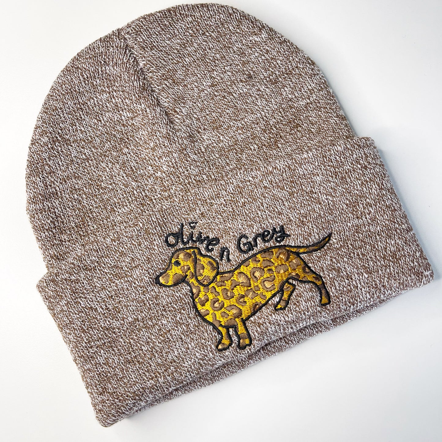 Embroidered Olive n Grey Leopard Beanie